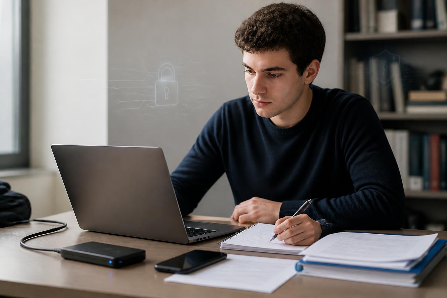 Mahasiswa bekerja dengan laptop, ponsel, dan media penyimpanan eksternal untuk mengelola data akademik secara aman