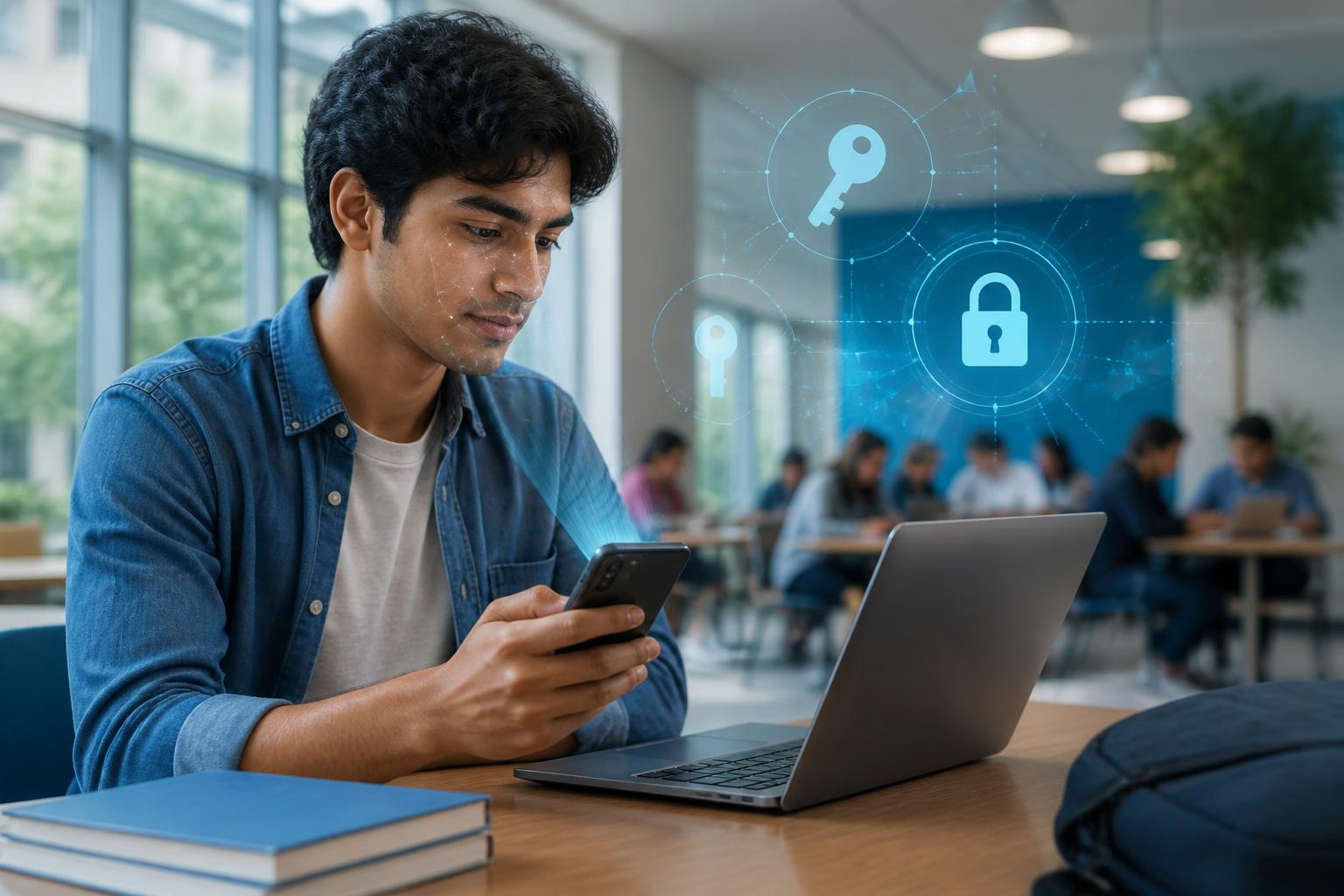 Mahasiswa menggunakan laptop dan ponsel untuk login aman ke layanan digital kampus