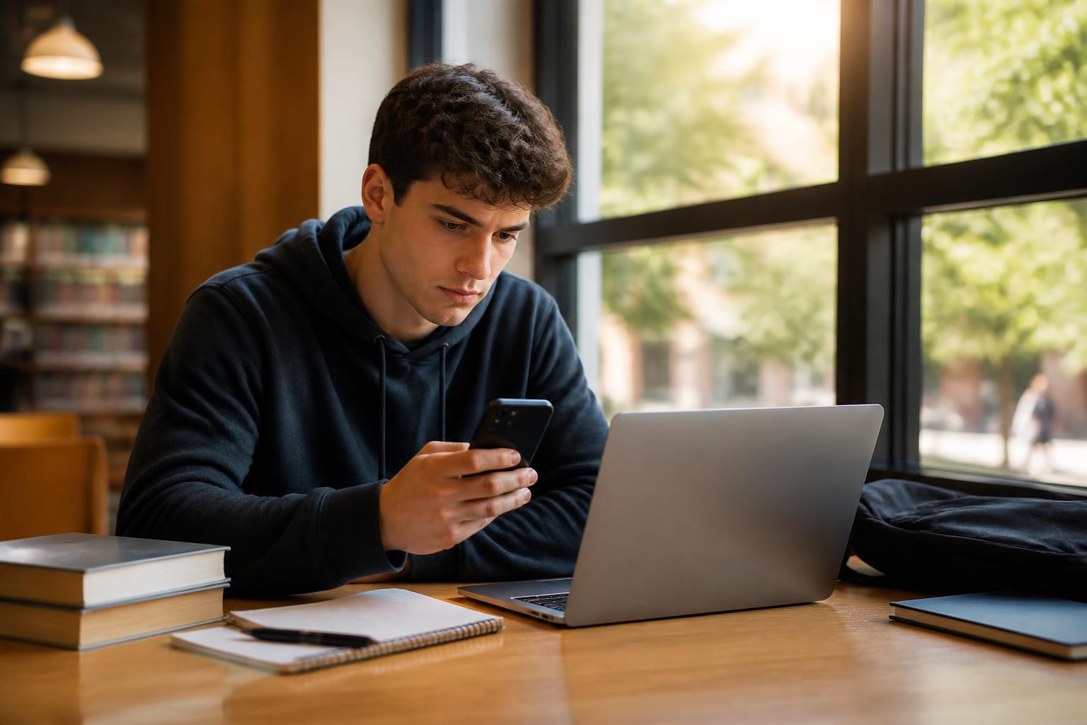 Mahasiswa mengatur akun digital dengan laptop dan ponsel di meja belajar