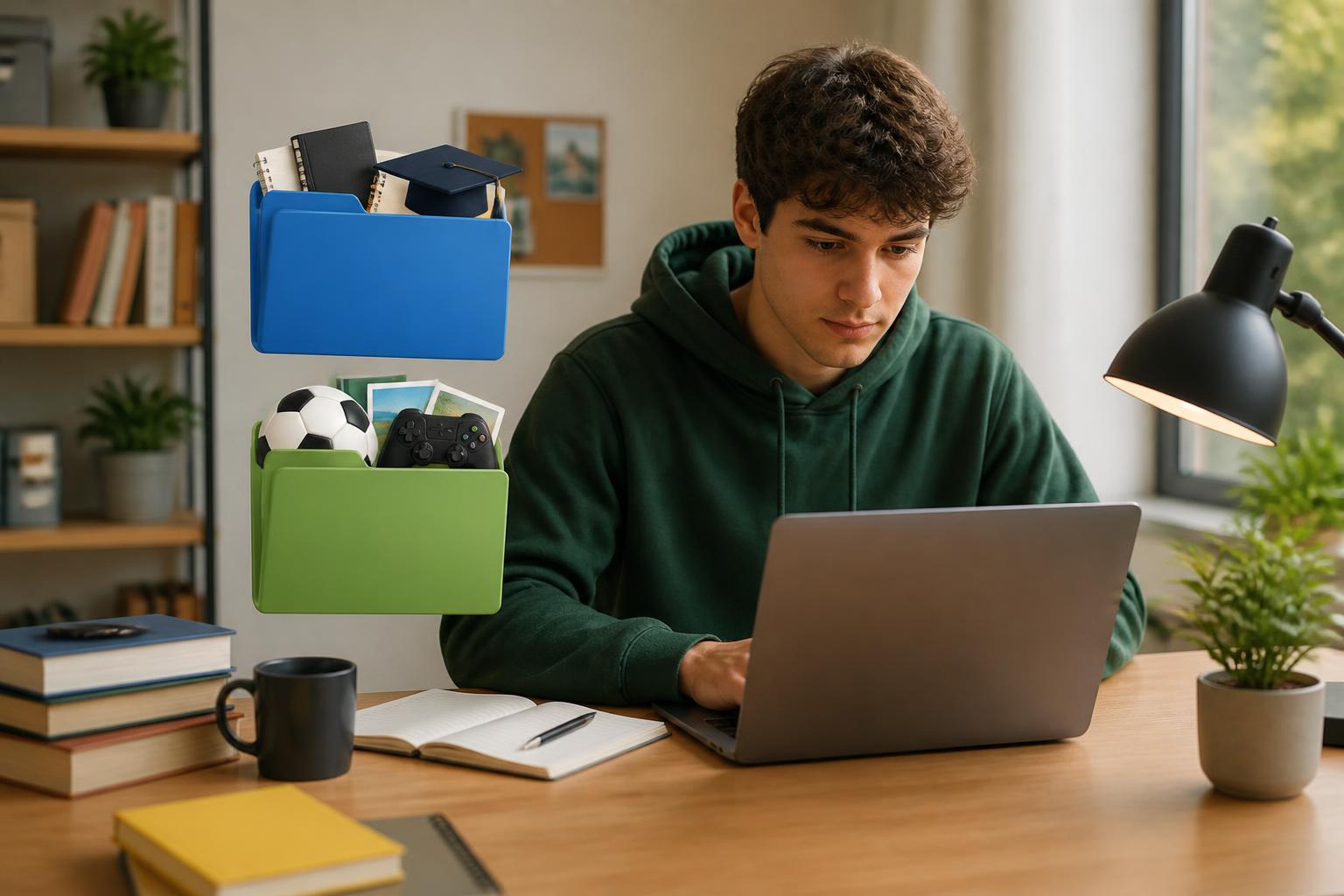 Mahasiswa bekerja di laptop dengan dua ruang kerja digital yang terpisah untuk kegiatan kuliah dan pribadi